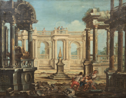 1006.  CÍRCULO DE ANTONIO VISENTINI (Escuela veneciana, finales del siglo XVIII)Capricho arquitectónico con figuras