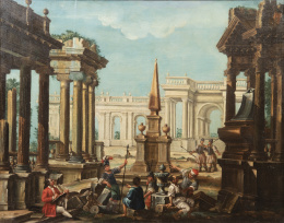 1005.  CÍRCULO DE ANTONIO VISENTINI (Escuela veneciana, finales del siglo XVIII)Capricho arquitectónico con figuras