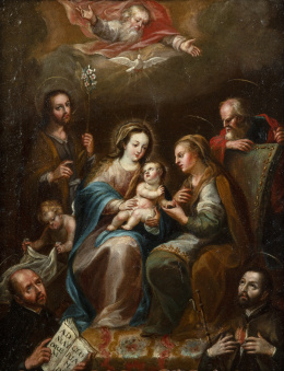 850.  JUAN RODRÍGUEZ JUÁREZ (México, 1675 -1728)Sagrada Familia con San Joaquín y Santa Ana, San Ignacio de Loyola y San Francisco Javier