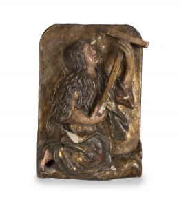 753.  Magdalena penitente.Relieve en madera tallada, policromada y dorada.España, S. XVII.