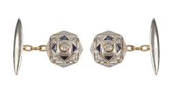 113.  Gemelos Art- Decó de frente octogonal, con chatón de brillante central flanqueado por cuatro zafiros talla triangular, y con diamantitos
