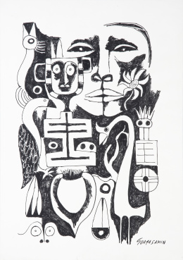 1024.  OSWALDO GUAYASAMÍN (Quito, 1919 - Baltimore, 1999)Dibujo para el libro "Remando del Amazonas al Caribe", 1992