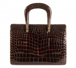 412.  Bolso de piel de cocodrilo brillante marrón años 60 con dos asas cortas