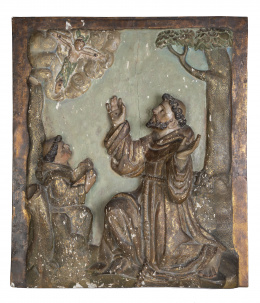 893.  Aparición de un ángel a San Francisco.Relieve en madera tallada, policromada y dorada.Escuela castellana, S. XVII.