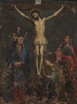 804.  ESCUELA MEXICANA, SIGLO XVIIICristo crucificado con la Virgen, San Juan y Magdalena sobre un paisaje