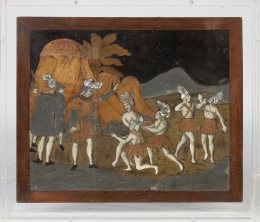 880.  Conquista de Ámerica.Panel con incrustaciones de marfil, cobre, pizarra, madera y madreperla.S. XIX.