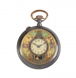 383.  Reloj de bolsillo lepine Art-Decó con dibujo de dos figuras clasicas en un paisaje