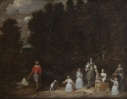 995.  ATRIBUIDO A GONZALO COQUES (Amberes, 1614/1618-1684)Monsieur de Fermenery y familia sobre un paisaje