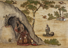 706.  ESCUELA MEXICANA, SIGLO XVIISanta María Egipciaca y el Padre Zósimo de Palestina sobre un paisaje