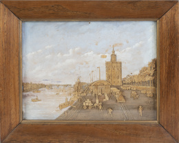 804.  Diorama de corcho y pintura.Vista de la Torre del Oro en Sevilla con ferrocarril a vapor.Trabajo español, h. 1860.