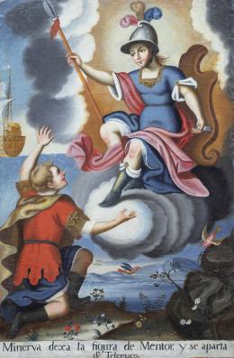 872.  ESCUELA CUZQUEÑA, TERCER CUARTO SIGLO XVIII"Idomeneo y Mentor desembarcados hallan a Idomeneo fabricando una ciudad y Minerva desciende la figura de Mentor y se aparta de Telémaco"