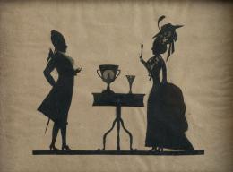 828.  ESCUELA ALEMANA, C. 1770Silueta de una pareja galante confrontada, en medio una mesa con copas