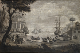 834.  CÍRCULO DE LACROIX DE MARSEILLE (Escuela francesa, h. 1780)Escena portuaria con personajes, faro, y palacio clásico. 