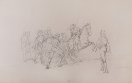 877.  JOAQUÍN DOMÍNGUEZ BÉCQUER (1811-1879)Estudio de picador con vara de detener picando al toro junto a otros toreros