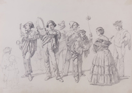 878.  JOAQUÍN DOMÍNGUEZ BÉCQUER (1811-1879)Escena costumbrista con músicos ambulantes