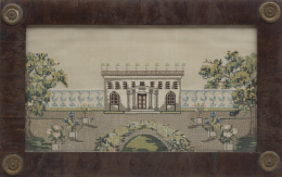805.  Vista de casa en un jardín con puente.Bordado de seda y punto de cruz, con marco de estilo imperio con aplicaciones metálicas de rosetas.S. XIX.