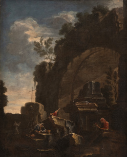 1004.  ESCUELA ITALIANA, H. 1800Paisaje con ruinas y figuras