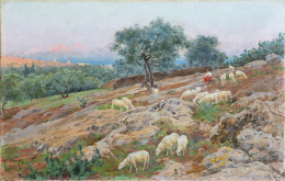 900.  ENRIQUE SIMONET LOMBARDO (Valencia, 1866-Madrid, 1927)En el monte de los Olivos con Jerusalen al fondo