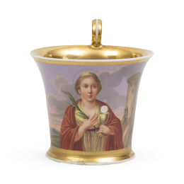 1155.  Taza de porcelana esmaltada y dorada con Santa Bárbara.París, primer cuarto del S. XIX.