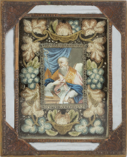 515.  "San Agustín".Grabado, tela, hilo metálico y dorado. Enmarcado con flores, espejos y piel.España, pp. del S. XIX.