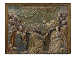 676.  “Dormición de la Virgen” o “Transito de María”Relieve en madera de pino tallada, policromada, estofada y dorada.Palencia, S. XVI. Circulo de Francisco Giralte.