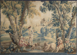 975.  Escena galante en un paisaje.Tapiz en lana y seda.Aubusson, Francia, mediados del S. XVIII.