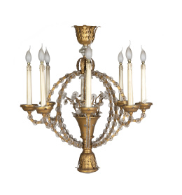 537.  Lámpara de techo de ocho brazos de luz, estilo Luis XVI,  con forma de cesto en bronce y sartas de cristal y flores.Herraiz, S. XX.