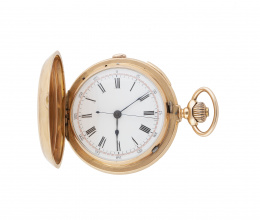 354.  Reloj cronógrafo saboneta suizo en oro de 18K. Con sonería de repetición de cuartos. 27187