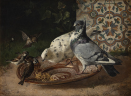 849.  FEDERICO JIMÉNEZ FERNÁNDEZ (n. Madrid, 1841)Gorriones y palomas