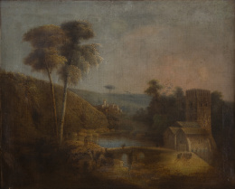 719.  ESCUELA SEVILLANA, SIGLO XIXPaisaje con puente y arquitecturas