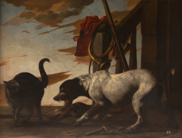 670.  ADRIAEN CORNELISZ BEELDEMAKER (1618-1709)Perro y gato sobre un paisaje