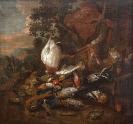 799.  ESCUELA FLAMENCA?, H. 1700Naturaleza muerta sobre un  paisaje