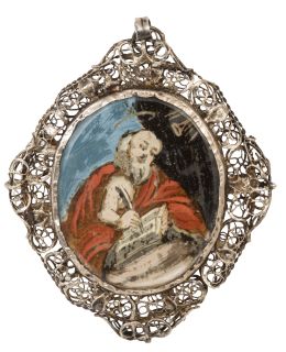 528.  Medalla devocional con marco en filigrana de plata con San Antonio y otro santo.España, S. XVIII.
