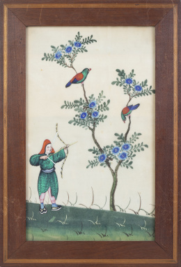 660.  Cazador.Papel de arroz pintado.China, S. XIX.