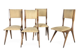 1295.  Juego de seis sillas de madera con tapicería de rayas.Trabajo danés, h. 1950.
