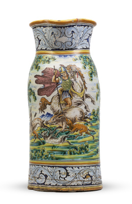 1253.  Paragüero de cerámica esmaltada con escena de caza.Talavera, Niveiro, S. XX.  