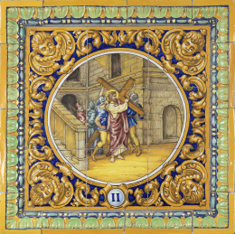1255.  Panel de Vía Crucis de nueve azulejos de cerámica esmaltada.Fábrica Cerámica Santa Ana, Sevilla, S. XX.Firmado.