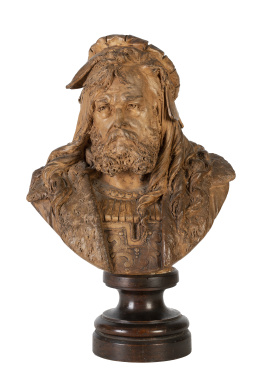 1278.  Busto en terracota de Alberto Durero, sobre peana de madera.Sigue el modelo de Albert Ernest Carrier-Belleuse (1824-1887).Francia, ff. del S. XIX.