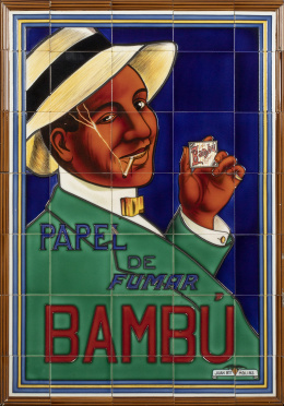 1190.  "Papel de fumar Bambú".Panel de 35 azulejos de cerámica esmaltada.Juan Bautista Molins, Valencia, primera mitad del S. XX.
