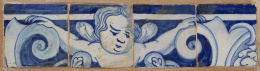 1064.  Panel de cuatro azulejos de cerámica esmaltada en azul y blanco con putti.Portugal, S. XVIII.