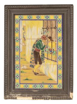 1458.  "Pelando la Pava".Panel de tres azulejos de cerámica esmaltada.Sevilla, h. 1900.