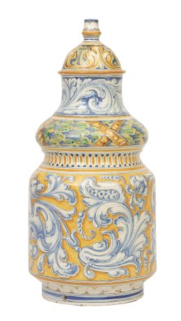 1461.  Pie de lámpara de cerámica esmaltada en azul, amarillo y verde.Niveiro, Talavera, principios del S. XX.