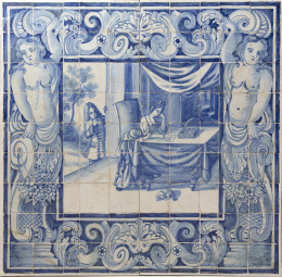 553.  Panel de azulejos Don Joao de cerámica esmaltada en azul cobalto y blanco, con escena galante.Portugal, h. 1700 - 1730.