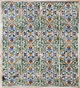 587.  Panel de 32 azulejos de tabla de cerámica de arista esmaltada en melado, azul, negro y verde.Triana, 1501-1600.