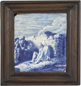 706.  Azulejo de cerámica esmaltada en azul y blanco.Firmado y fechado, Emile Jolly 1875.