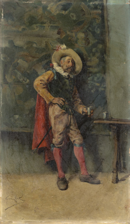 967.1.  JUAN GIMÉNEZ MARTÍN (Adanero, Ávila 1855 - Madrid 1901) Interior con soldado bebiendo.