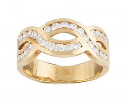 257.  Sortija de dos líneas entrelazadas de brillantes esgastados en carril