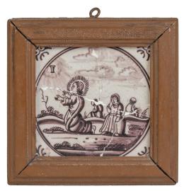 1280.  Azulejo de cerámica esmaltada en manganeso con Jesús en el Huerto.Delft, Holanda, S. XVIII.