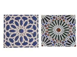 1152.  Dos parejas de azulejos neomudéjares de cerámica esmaltada con lacerías.Sevilla, S. XX.
