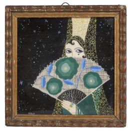 677.  Pino Melis (1902-1985).Azulejo Art-Decó de cerámica esmaltada con retrato de "La Argentina"* con abanico y peineta.Acompaña dedicatoria del autor a "La Argentina" en italiano, firmada y fechada.Roma, 1928.